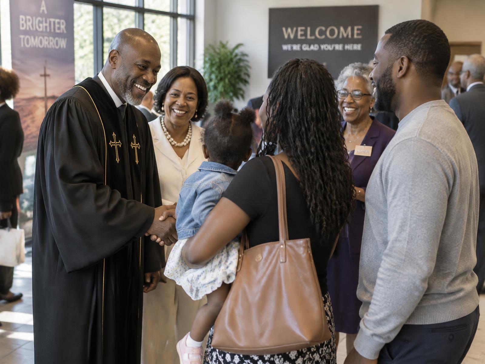 Pastor and members welcoming a young family in the church lobby after service