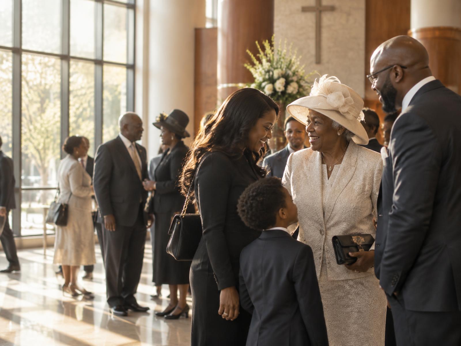 Church members warmly greeting a family arriving at the church entrance on a Sunday morning