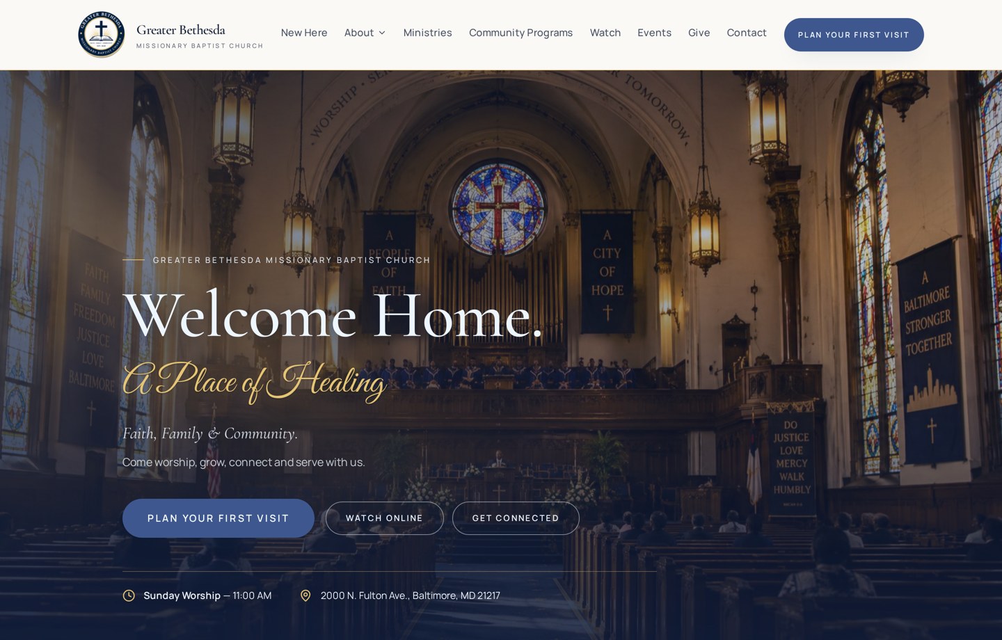 Screenshot of the Greater Bethesda Missionary Baptist Church website homepage